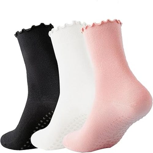 3 Pairs Pilates Socks with Grips Non-slip Ruffle Yoga Sock Grip Sock for Women