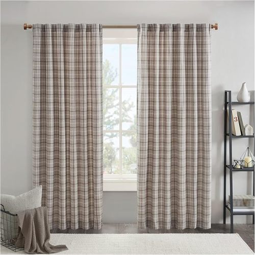 Madison Park Anaheim Cabin Plaid Curtain Window, Thermal Insulated Fleece Lining, Living Room Decor Room Darkening Drape for Bedroom, 1-Single Panel Pack, 50" x 84", Rod Pocket, Brown