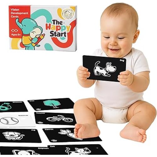 Happy Start High Contrast Baby Cards for Newborns - Black & White Cards, Water-Resistant, BPA-Free, Portable Educational Flashcards for Visual Stimulation, Award-Winning, Ages 0+ (English)