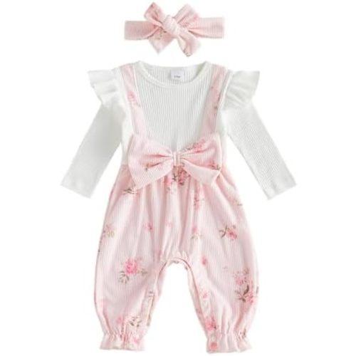 6-9 Mo Baby Girl Fall Clothes Corduroy Floral Bow Onesie Jumpsuits Ruffle Long Sleeve Outfit Infant Cute Romper