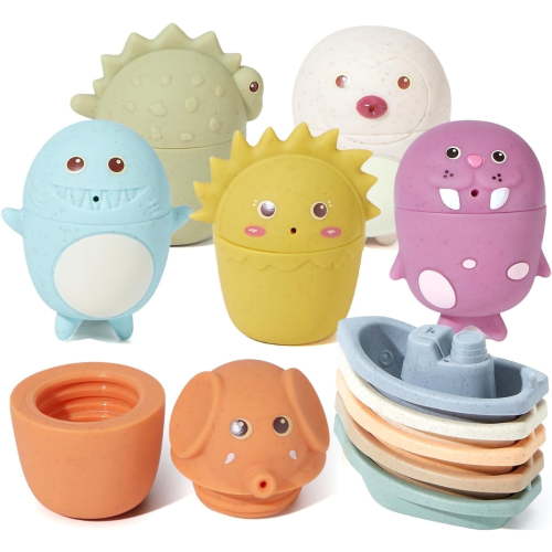 AMCHSURI Mold Free Bath Toys for Toddlers, 6PCS Multicolor Animal Rubber and 5 Boats Floating Toys