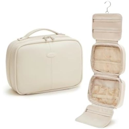 EACHY Toiletry Bag with Hanging Hook, Travel Makeup Bag PU Leather Cosmetic Bags for Women Make Up Organizer with 4 Compartments Waterproof Full-Size Portable Travel Essentials (White，Pro)