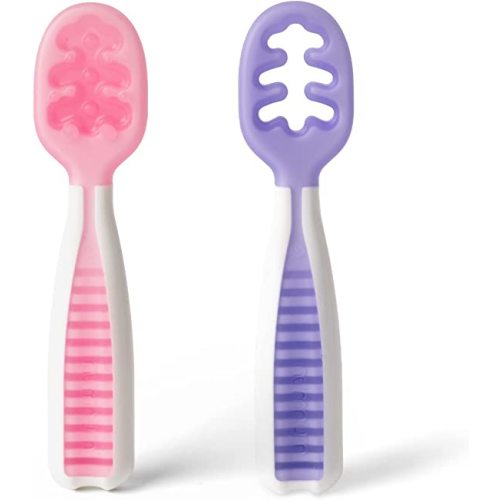 NumNum Baby Spoons Self Feeding 6 Months, 2-Pk Frosty Lilac/Rose | First Stage Silicone Pre Spoon Utensils For Baby Led Weaning, BPA Free Baby Feeding Essentials, Dishwasher Safe