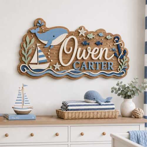 Personalized Nautical Nursery 3D Name Sign, Layered Wooden Coastal Wall Decor