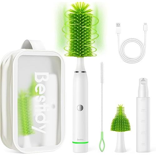 Bestidy Electric Baby Bottle Cleaner Kit for Travel- Rechargeable 360° Rotation Electric Baby Bottle Brush with Replaceable Nipple/Straw Brush, 2-Speed Modes, 50ml Lotion Bottle & Storage Bag