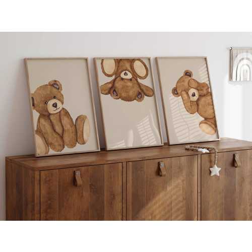 Teddy bear nursery decor, gender neutral kids room wall art, brown children’s print set of 3, cute peeking animal printable
