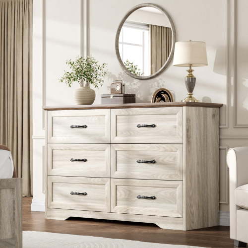 Farmhouse Modern 6 Drawer Dresser for Bedroom – Wooden Chest with Wide Metal Handles, Ample Storage for Bedroom, Living Room, Kids Room, Hallway– Pine Grain Grey/Brown Contrast Six-Drawer Chest