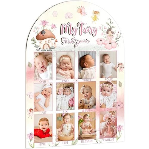 R HORSE My Fairy First Year Photo Display Wood Board - 3D Fairy First Birthday Picture Frame, 12 Months Milestone Board Baby Keepsake Gift for Girl 1st Birthday Decorations Nursery Decor