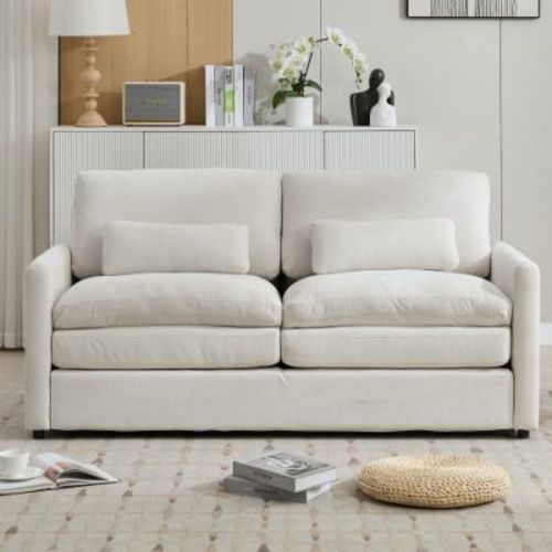68.1 Inch Beige Oversized Cloud Loveseat Sofa with Double Cushion, Chenille Fabric and Detachable Lumbar Pillow for Living Room
