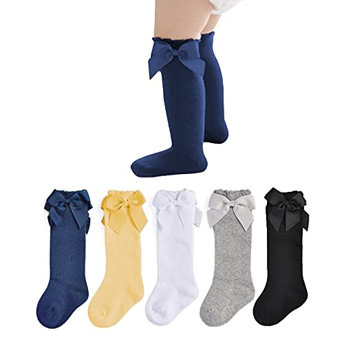 EPEIUS Baby Girls Knee High Socks Cotton Uniform Socks Tube Ruffled Stockings Newborn Infant Toddler (Pack of 3/5)