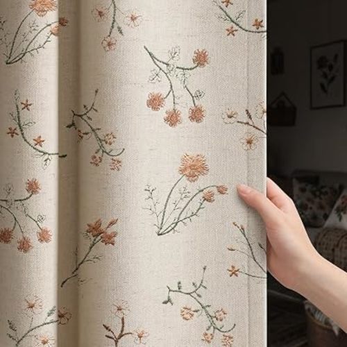 Floral Embroidered 100% Blackout Curtains 84 Inch 2 Panels Linen Texture