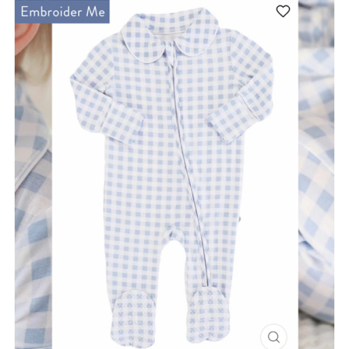 Peter Pan Collar Zipper Footie in Dusty Blue Gingham | Caden Lane