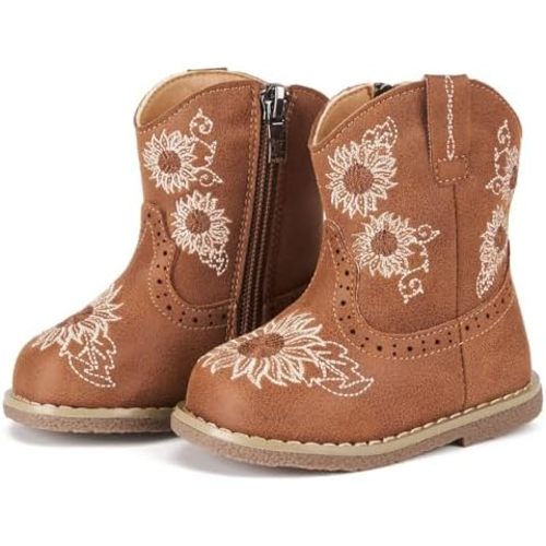 Newsonet Baby Cowboy Cowgirl Boots Infant Western Boots Toddler Boys Girls Round Toe Riding Mid Calf Boots All Seasons for 6 9 12 18 24 Months