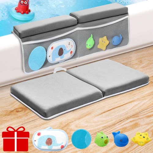 Bath Kneeler with Elbow Rest Pad Set, 1.5 inch Thick Non-Slip Bathing Kneeling Mat Cushion Quick Drying Bathtub Knee Saver with Arm Support and Pockets for Bathroom Bathing time Comfort, Gray