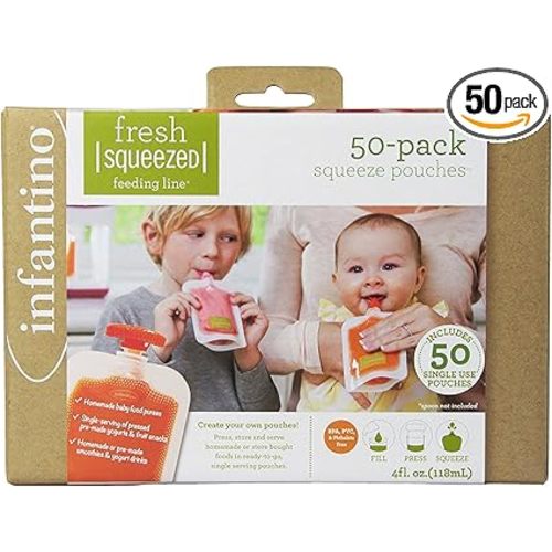 Infantino Disposable Squeeze Pouches, Disposable Pouches for Portable Homemade Semi-Solid Food for Babies and Toddlers, BPA and PVC free, Freezer Safe, 50-Pack