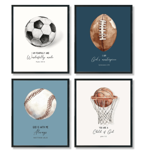 ShowDraven Sports Boy Nursery Kids Wall Decor, Christian Room Decor for Boys Room,Vintage Sports Wall Art for Classroom Gym Playroom,Unframe 12x16 Inch Unframed