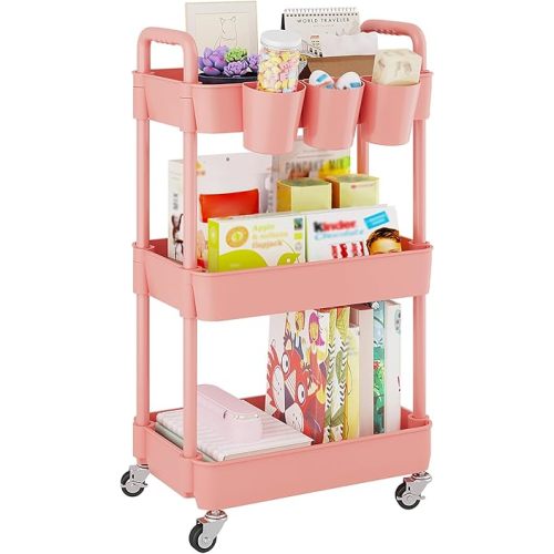 UDEAR 3-Tier Rolling Utility Cart,Multifunctional Storage Shelves with Handle and Lockable Wheels for Room,Office,Kitchen,Bathroom,with 3 Hanging Cups,Pink