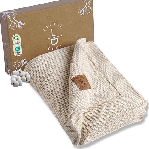 100% Organic Cotton GOTS & OEKOTEX certified Baby Knitted Blanket in Gift Box - Soft Toddler, Crib, Stroller, Swaddle and Receiving Blanket for Newborns, 30"x40", Color Earth Ivory