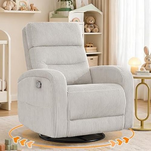 Swivel Rocker Recliner Glider Rocking Chair for Nursery, Corduroy Recliner with Chunky Cushion, Manual Swivel Recliner Chair for Living Room, Bedroom, Nursery(Camel)