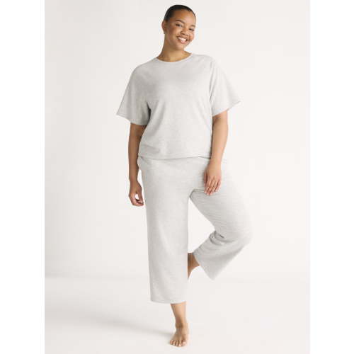 Joyspun Women's French Terry Short Sleeve Top and Capri Pants Pajama Set, 2-Piece, Sizes XS-3X