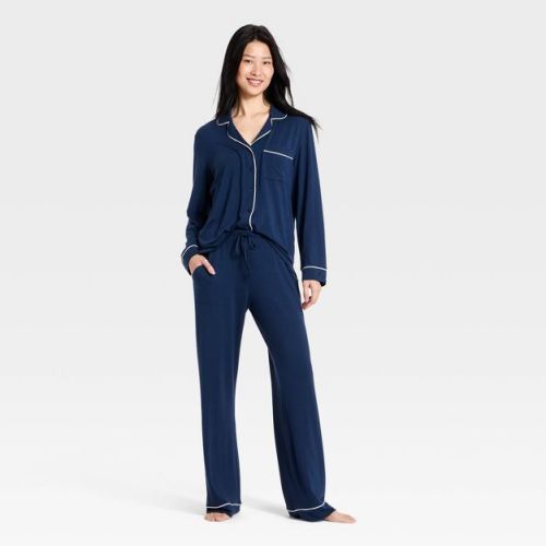 Women's Cloud Knit Modal Long Sleeve Notch Collar Top and Pants Pajama Set - Auden™ Navy Blue L