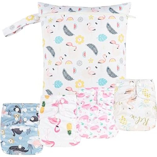 HappyFlute 9 Sets Newborn Baby Cloth Pocket Diapers Adjustable Reusable for Baby Boys and Girls(6-33 pounds,0-3 Years),One Wet Bag+4Diapers and 4Inserts (AD08)