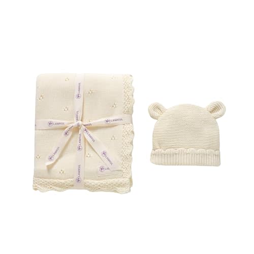 LAWKUL Baby Blanket & Beanie Hat Set 100% Organic Cotton Newborn Swaddle Beanie Soft Cozy for Infants Boy Girl Gift Off-White