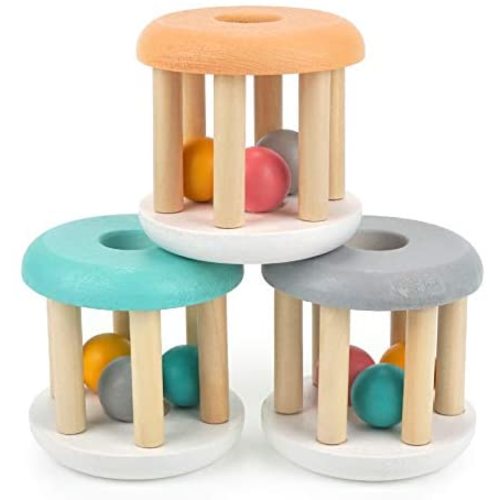 DUCKBOXX XX Wooden Rattle Rollers for Babies Ages 0m – 2yrs (White Base - 3pcs)