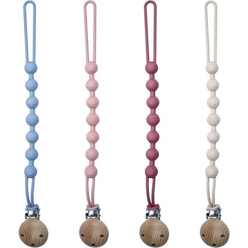 Silicone Pacifier Clip Holder with One Piece Beads Design Soft Flexible Binky Clips for Baby Boys and Girls, 4 Pack Pacifier Clip for Baby Newborn Essentials, Teething Relief