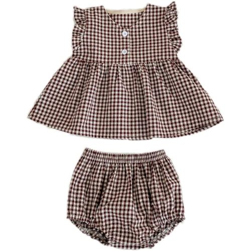 Ashmyova Baby Girls Summer Shorts Sets Infant Plaid Ruffle Sleeveless Tops Bloomer 2PCS Outfits