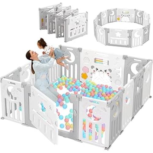 Baby Playpen, Dripex Baby Playard for Babies and Toddlers, 14-Panel Foldable Playpen Adjustable Portable Play Area, Indoor/Outdoor Kids Active Center with Game Panel & Safety Gate, Grey White
