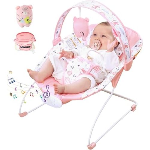 Portable Baby Bouncer Seat with 8 Melodies, 3 Vibration Levels & Adjustable Volume, Foldable Infant Bouncer Rocker with Safety Harness for Baby 0-6 Months, Indoor & Outdoor Use BR2402