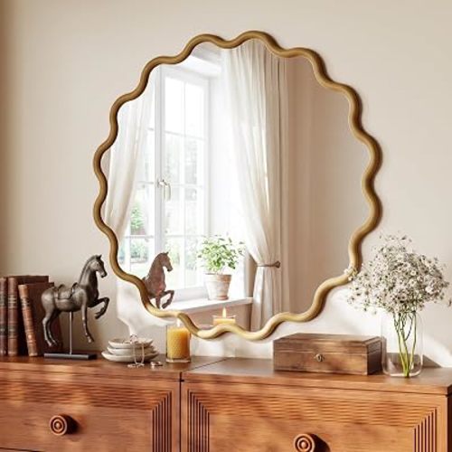 BEAUTYPEAK Wavy Wood Mirror for Wall, 30 x 30 Inch, Natural Wood