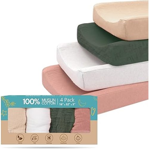 100% Muslin Changing Pad Cover Ultra Soft 120GSM Baby Changing Pad Covers for Girls and Boys - Easy wash Diaper Changing pad Cover with Low Shrinkage (4 Pack - White/Sage Green/Beige/Sand)