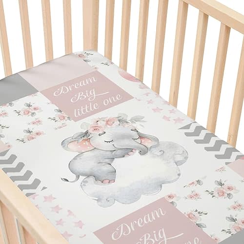 Fitted Crib Sheets for Baby Girls 28" x 52", Standard Toddler Bed Mattress Cover, Soft Snug Breathable Kids Nursery Decor, Pink Elephant Floral Dream Big Little One Theme