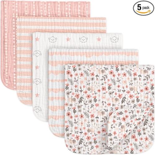 KeaBabies Organic Muslin Burp Cloths Baby Boy, Girl, 5-Pack (Sweet Charm)