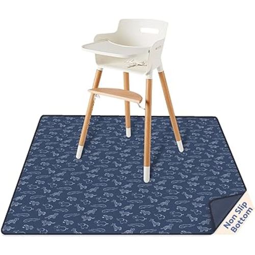 Blissful Diary Baby Splat Mat for Under High Chair, 50.4 x 50.4 Inch Wipeable Splash Mat, Waterproof and Washable, Anti-Slip Floor Protector, Safari Animals
