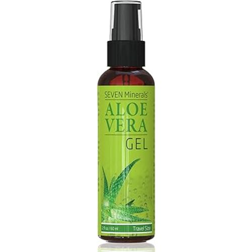 Seven Minerals, Travel Size Organic Aloe Vera Gel from freshly cut 100% Pure Aloe - 2 Fl Oz - HighestQuality, Texas grown, Vegan, Unscented - For Face, Skin, Hair, Sunburn relief (2 Fl Oz)