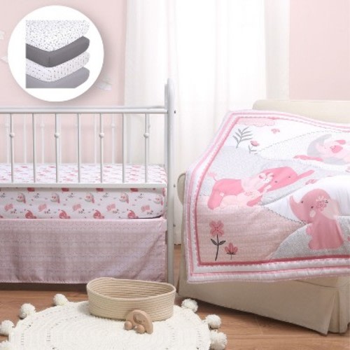 The Peanutshell Pink Elephant Crib Bedding Set and 4 Pk Sheets - 7 Piece Set
