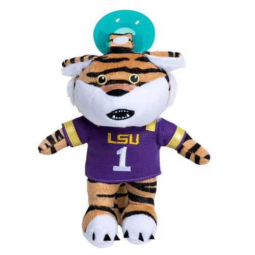 Baby Boy and Girl Silicone Pacifier with College Mascot Stuffed Toy Plush, Collegiately Licensed, Mike The Tiger, LSU University