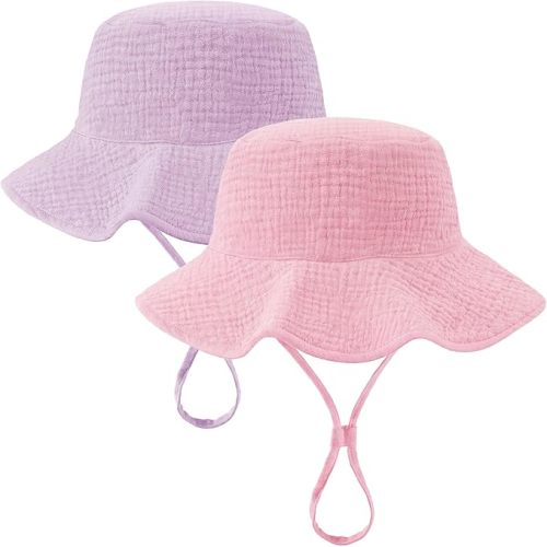 2 Pack Muslin Baby Sun Hat Sun Protection Baby Bucket Hat with Wide Brim Beach Hats for Boys Girls