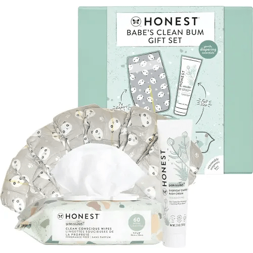 The Honest Company Babe's Clean Bum Gift Set, Diapering and Newborn Essentials 99% Water Wipes 60 ct Diaper Rash Cream 2.5 oz Conscious Diapers Size 1