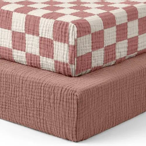 Blissful Diary Muslin Crib Sheets for Girl Boy, Boho Neutral Soft Cotton Baby Sheet for 52''x28'' Standard Crib Mattress, 2 Pack(Dusty Pink Checkboard & Dusty Pink)