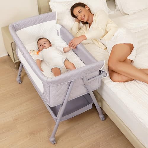 Kiniew Bassinet Bedside Sleeper, Adjustable Height Baby Bassinet with Wheels, Easy Assemble & Folding Crib with Comfy Mattress, Breathable Mesh Bedside Bassinet for Infant Newborn (Grey)