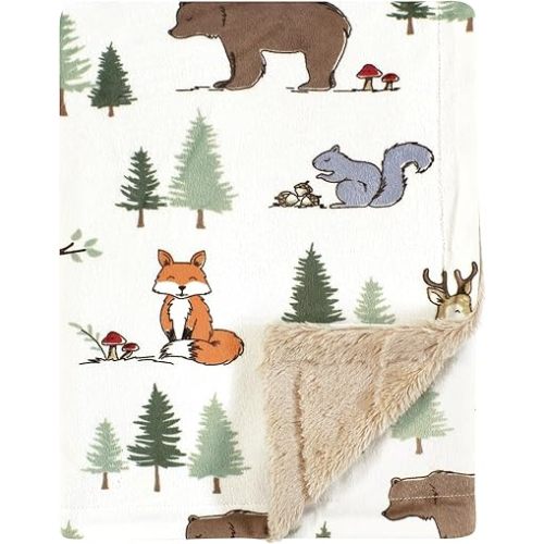Hudson Baby Infant Boys Plush Blanket with Furry Binding and Back, Forest Animals, One Size