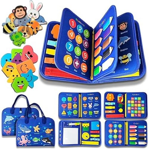 Montessori Busy Book for Toddlers 1-4 Years – Felt Quiet Book & Busy Board with 8 Pages, 21-in-1 Activities – Alphabet, Numbers, Colors, Shapes, Animals – Travel Toy for Boys & Girls