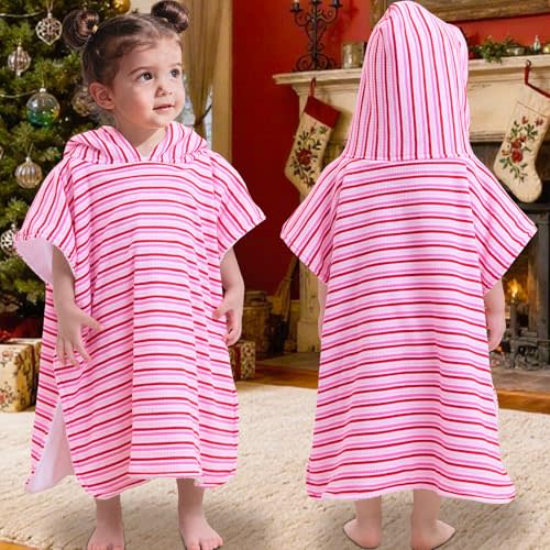 VOOVA & MOVAS Thick Double-Layered Baby Bath Towel (2-4 Years, 20x21 Inches) | Ultra Soft & Absorbent Cotton | Toddler Hooded Poncho Towel for Swimming, Beach, Shower & Winter, Pink Stripe