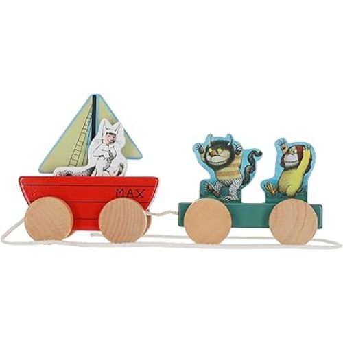 Kids Preferred Where The Wild Things are Wooden Pull Toy - Four Removable Pieces, Cotton Pull String, Ages 12 Months and Up, Max Moishe and Tzippy, Solid Wood, 8 in