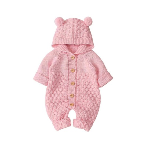 Baby Bear Hooded Knit Jumpsuit - Pink