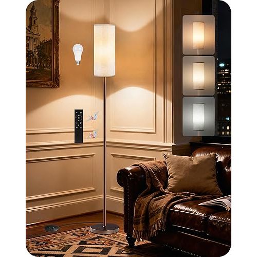 Dimmable Floor Lamps for Living Room with Remote and Foot Switch, 64.4” Modern Standing Tall Lamp, Corner Lamp for Bedroom, Bulb Included, 3000K-6500K, Beige and Brown, FCC Listed VE06LD05W1